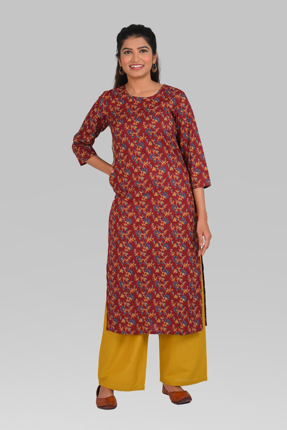 Maroon Cotton Printed Kurta Set