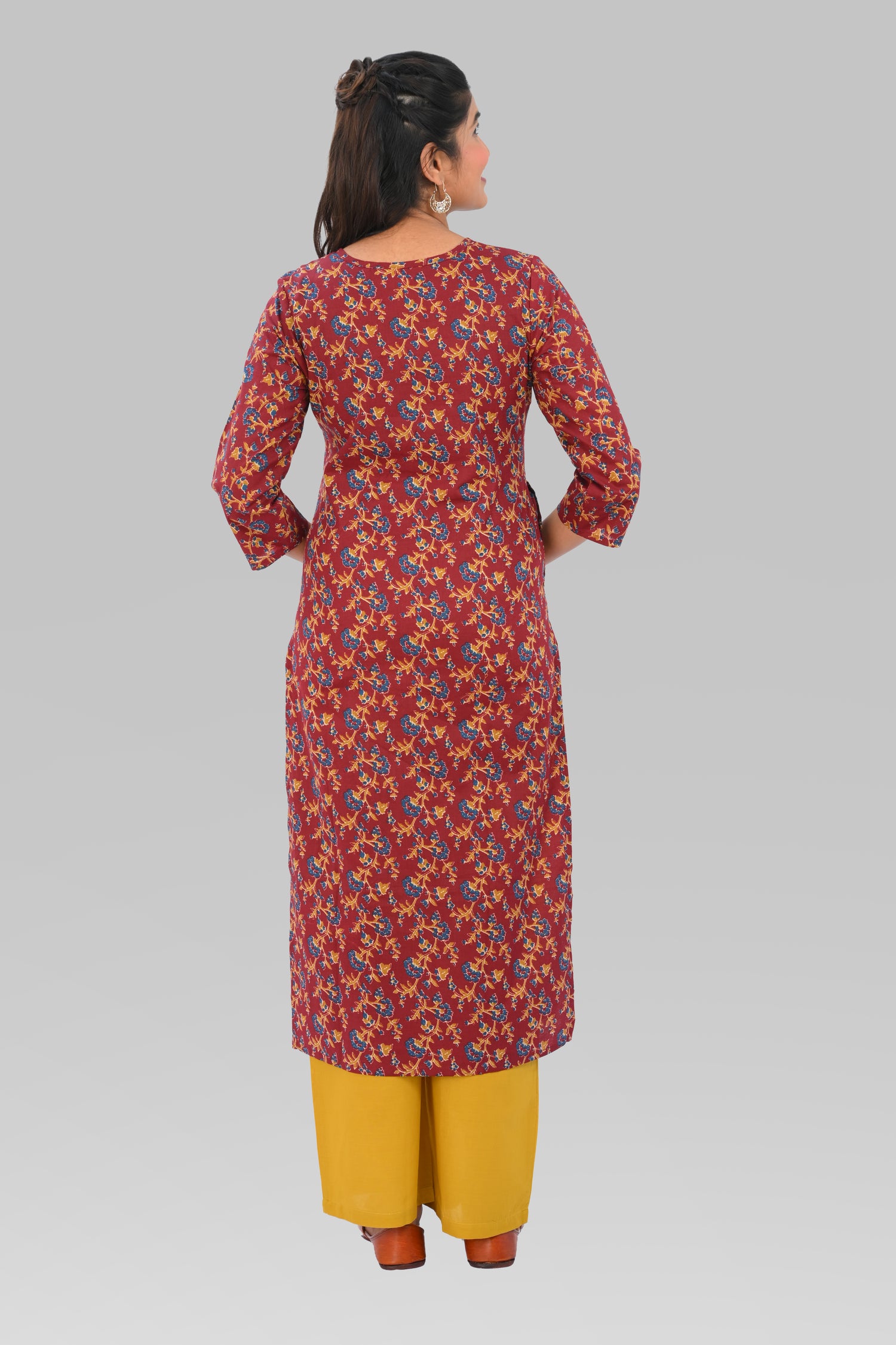 Maroon Cotton Printed Kurta Set