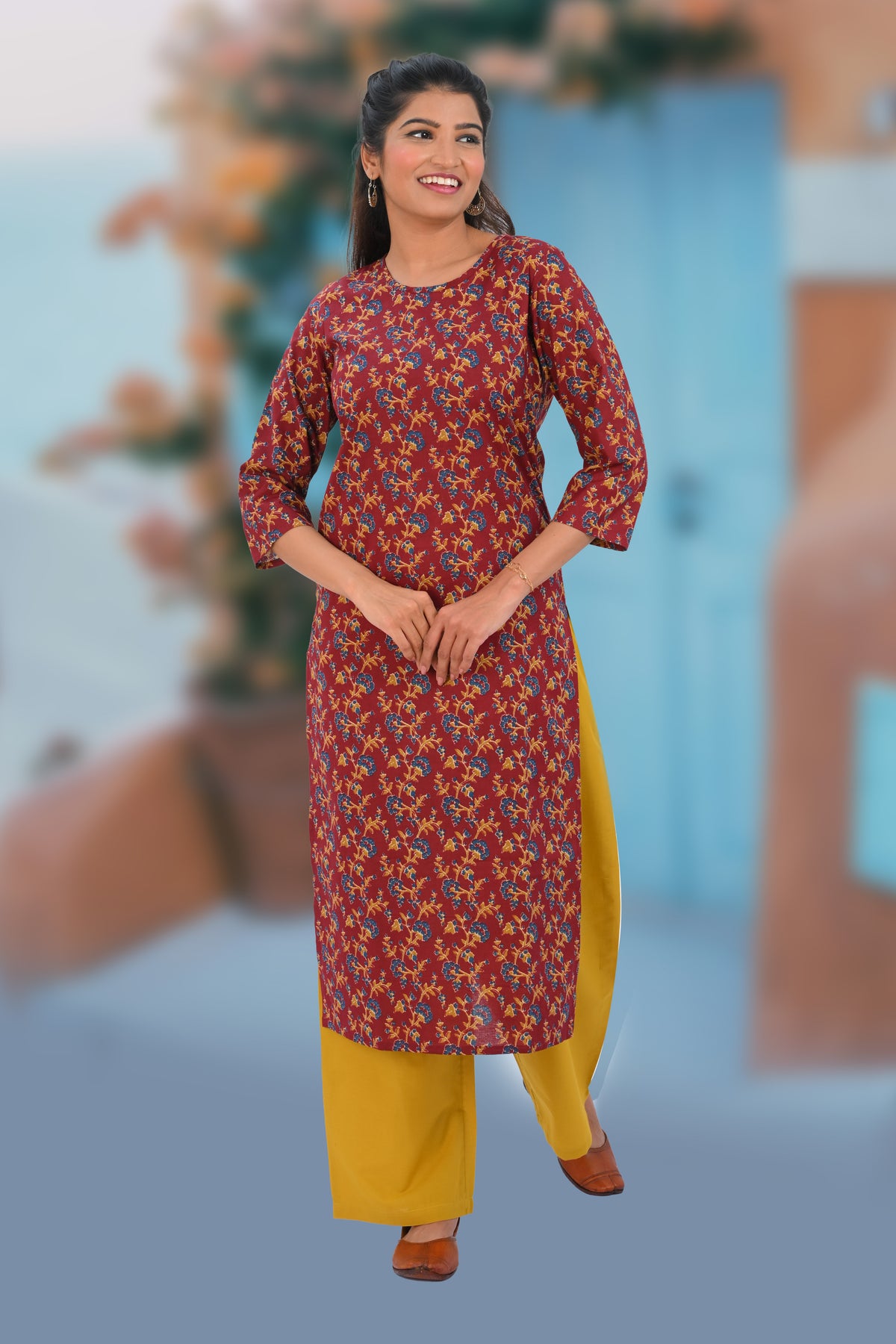 Maroon Cotton Printed Kurta Set