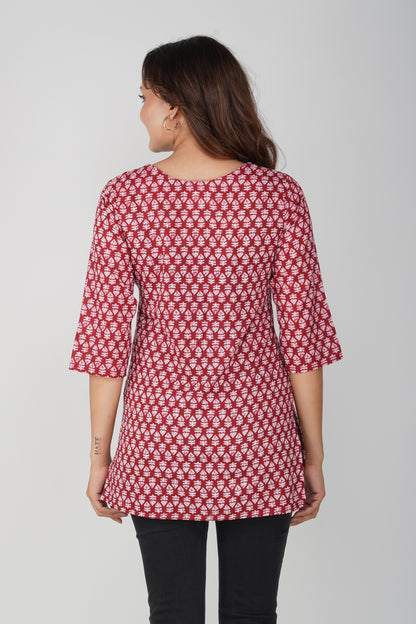 Maroon Cotton Printed Kurti
