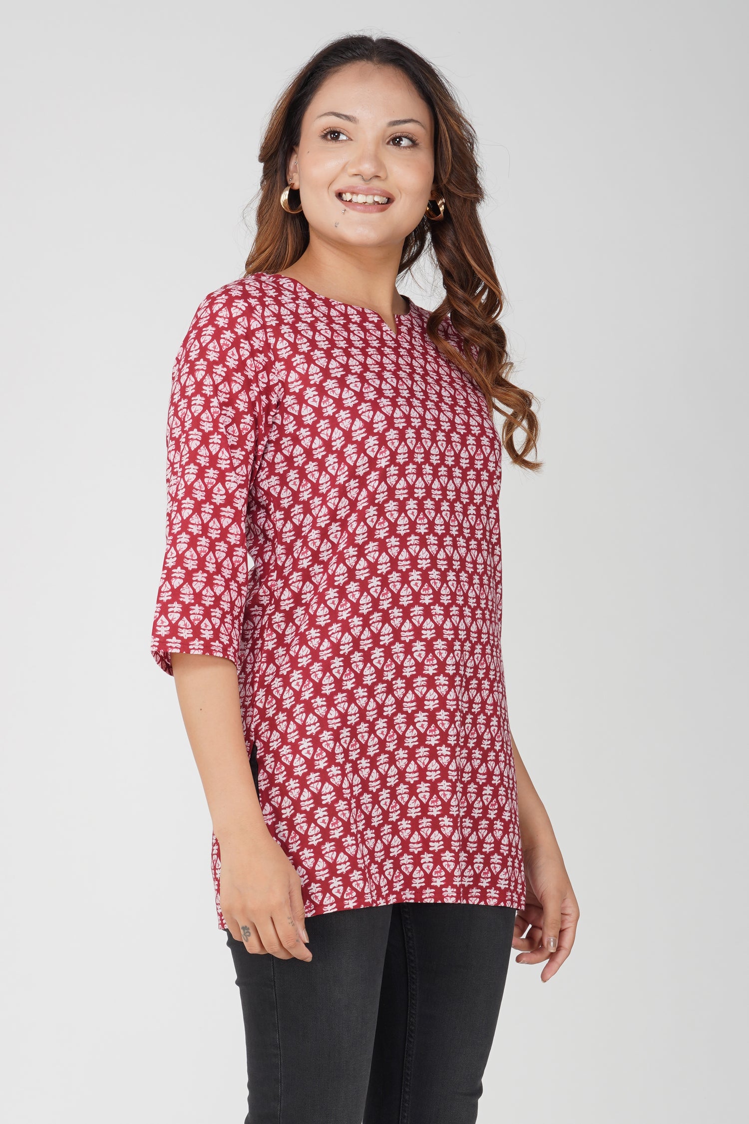 Maroon Cotton Printed Kurti