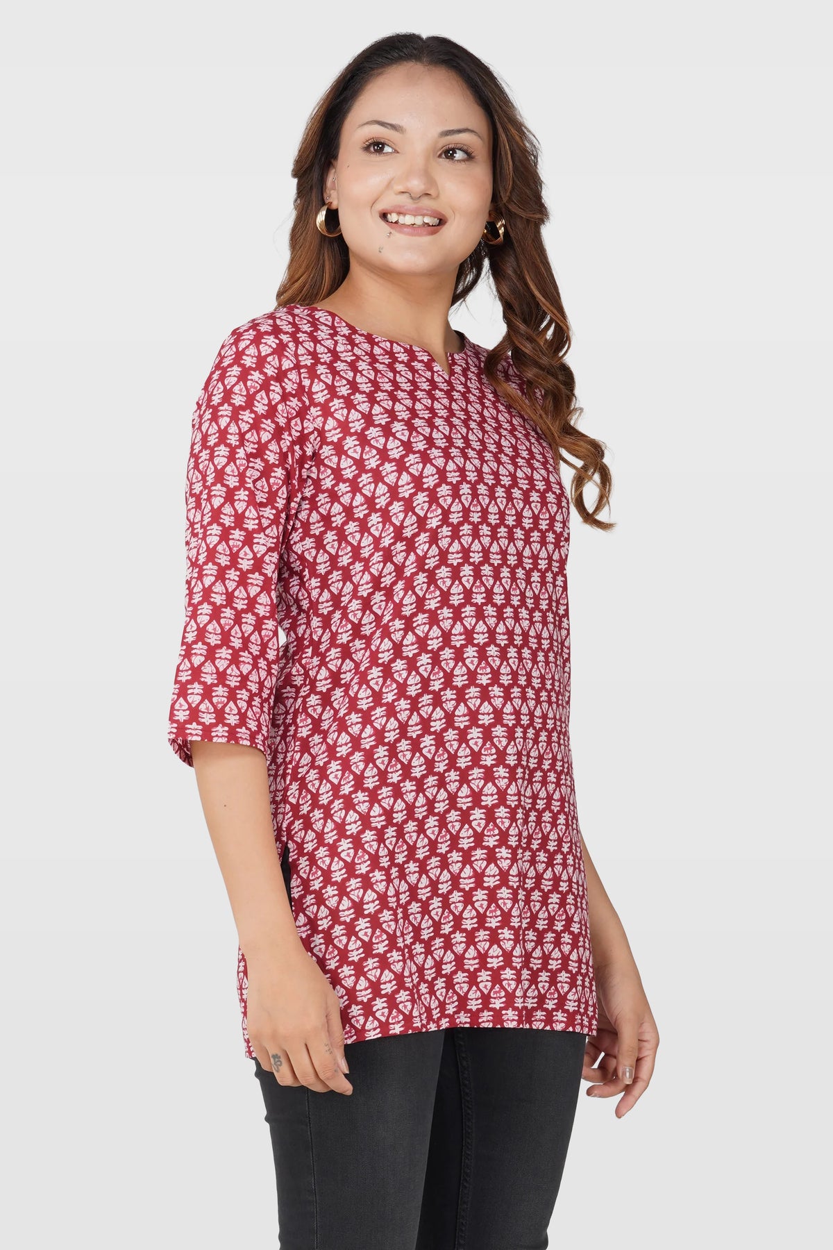 Maroon Cotton Printed Kurti