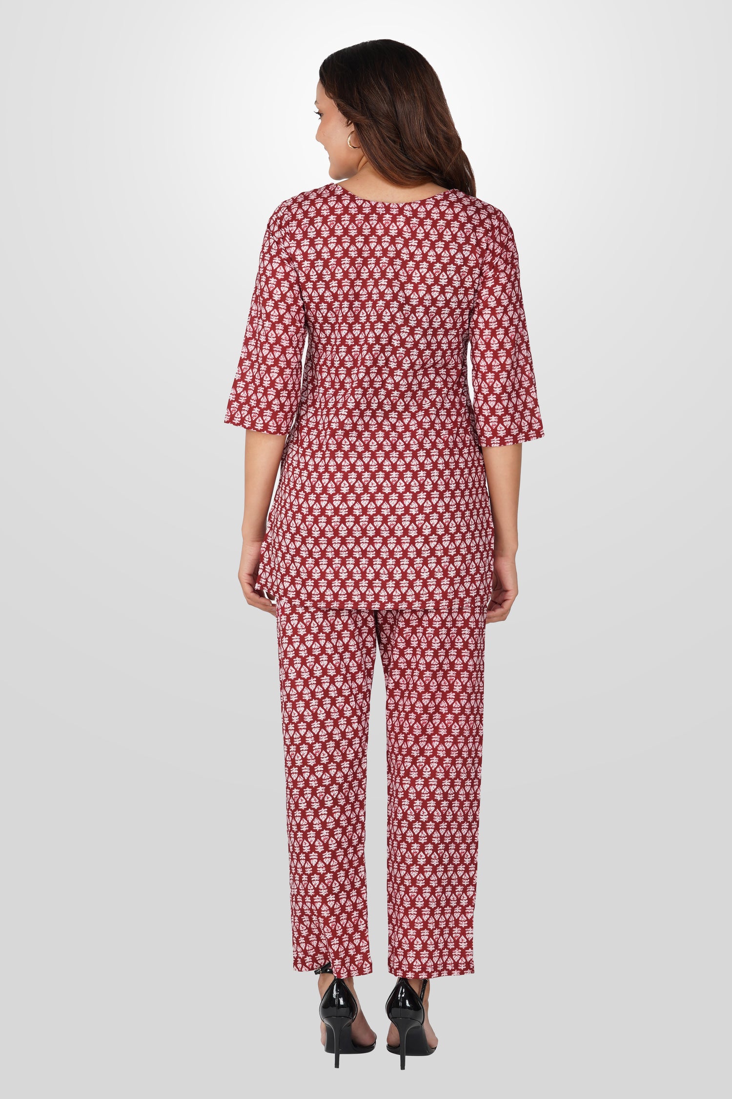 Maroon Cotton Printed Pyjama Set