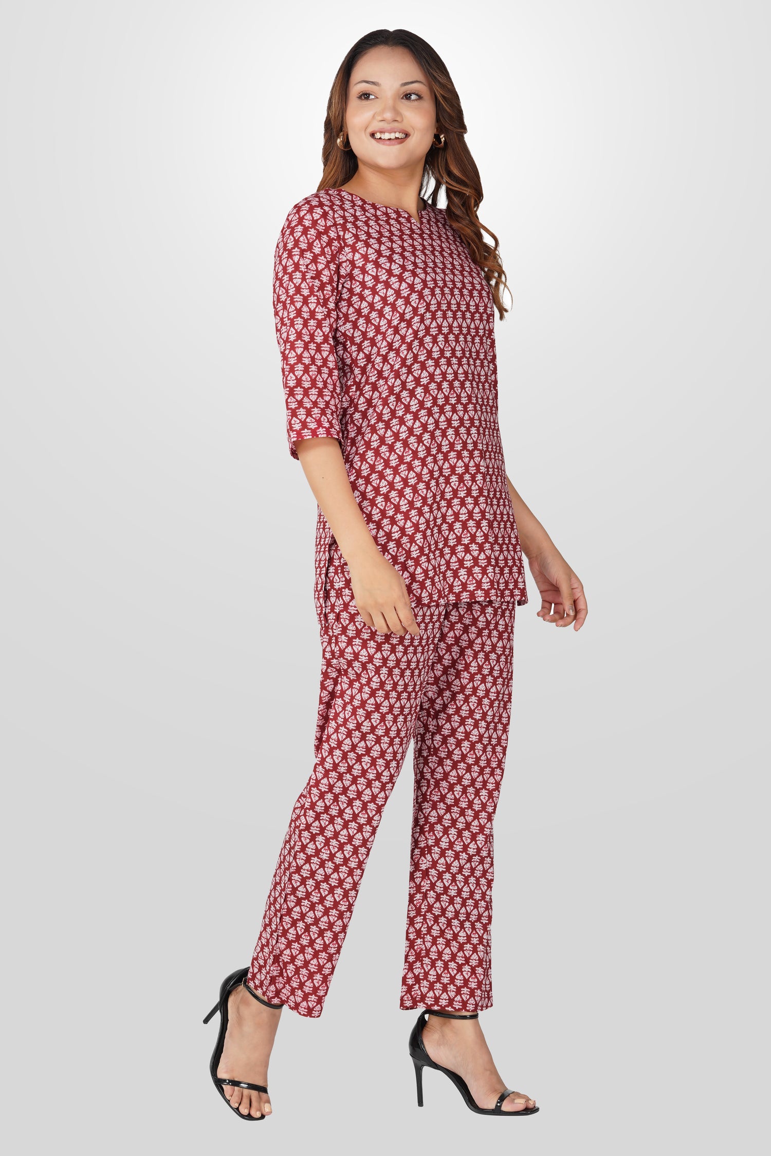 Maroon Cotton Printed Pyjama Set