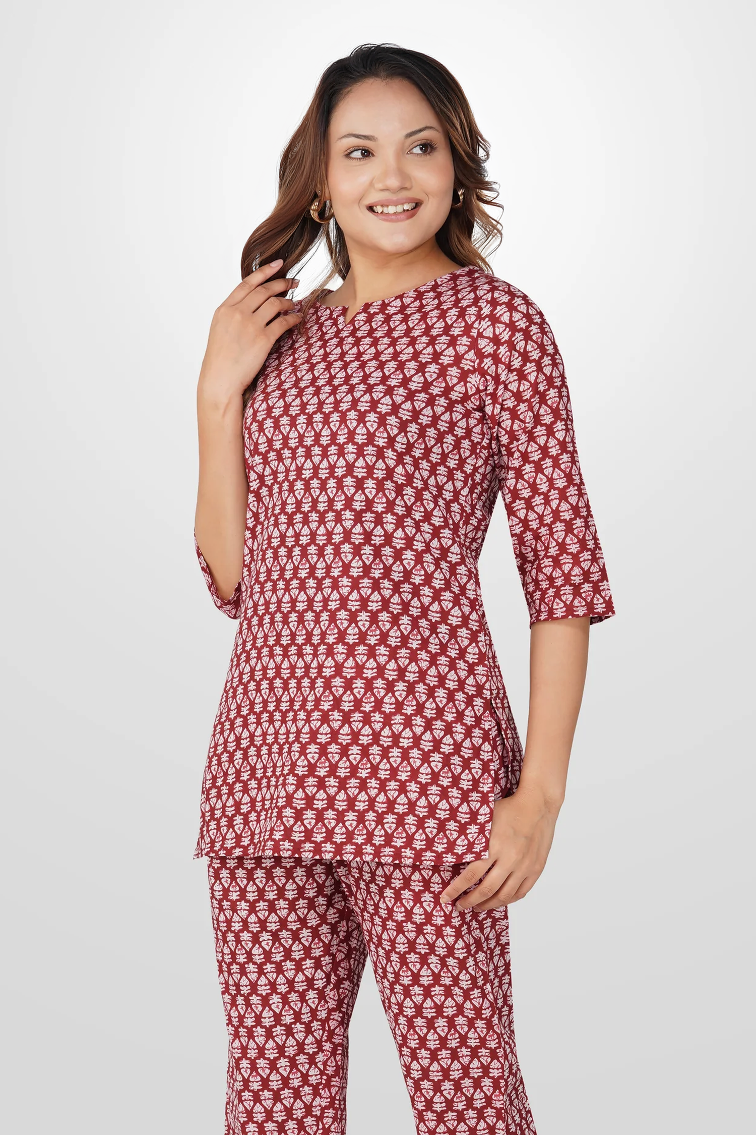 Maroon Cotton Printed Pyjama Set