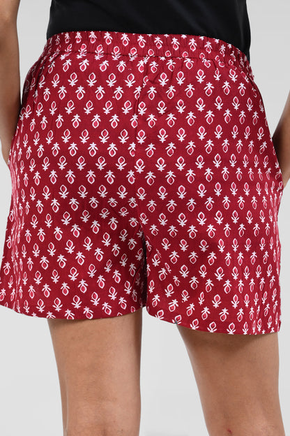 Maroon Cotton Printed Shorts