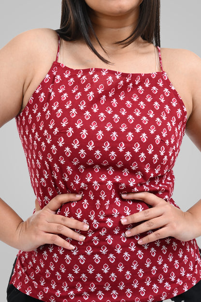 Maroon Cotton Printed Strap Top
