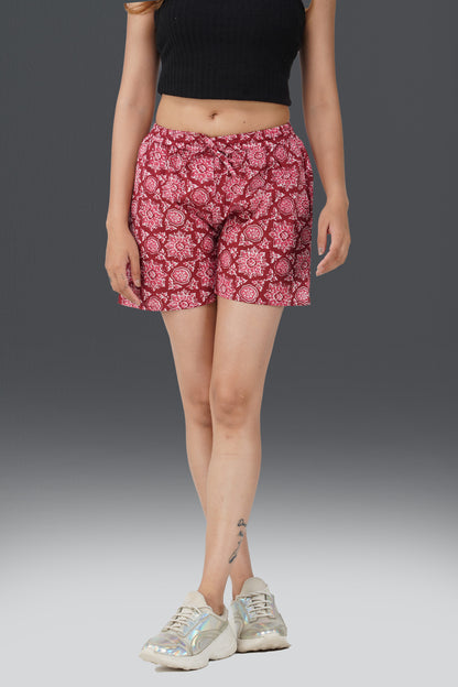 Maroon Mandala Cotton Printed Shorts