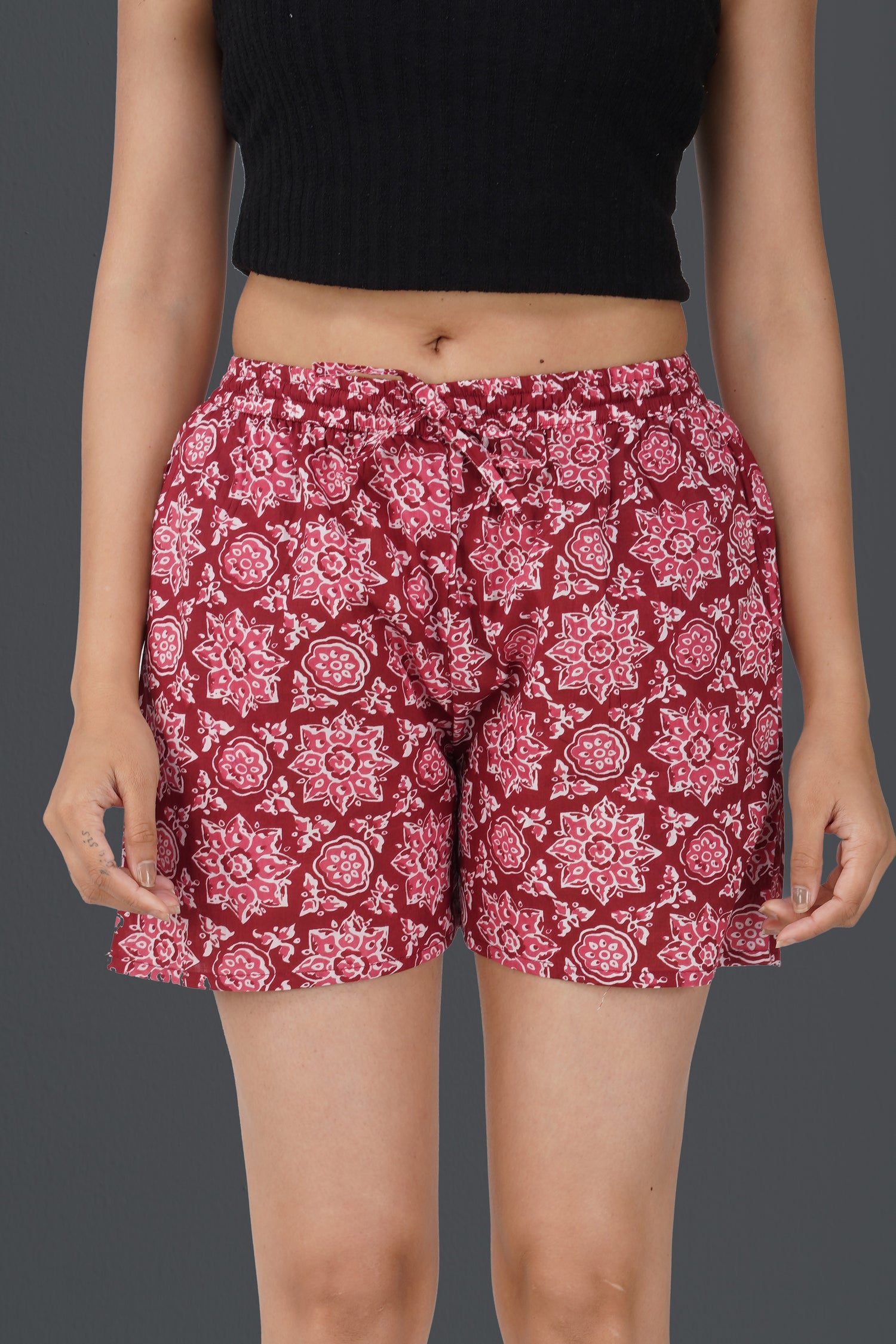 Maroon Mandala Cotton Printed Shorts