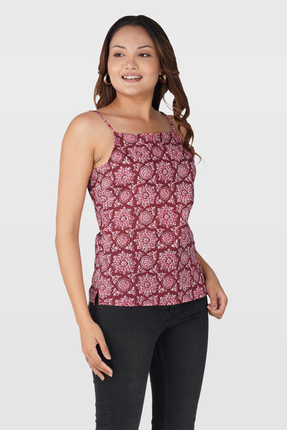 Maroon Mandala Cotton Printed Strap Top