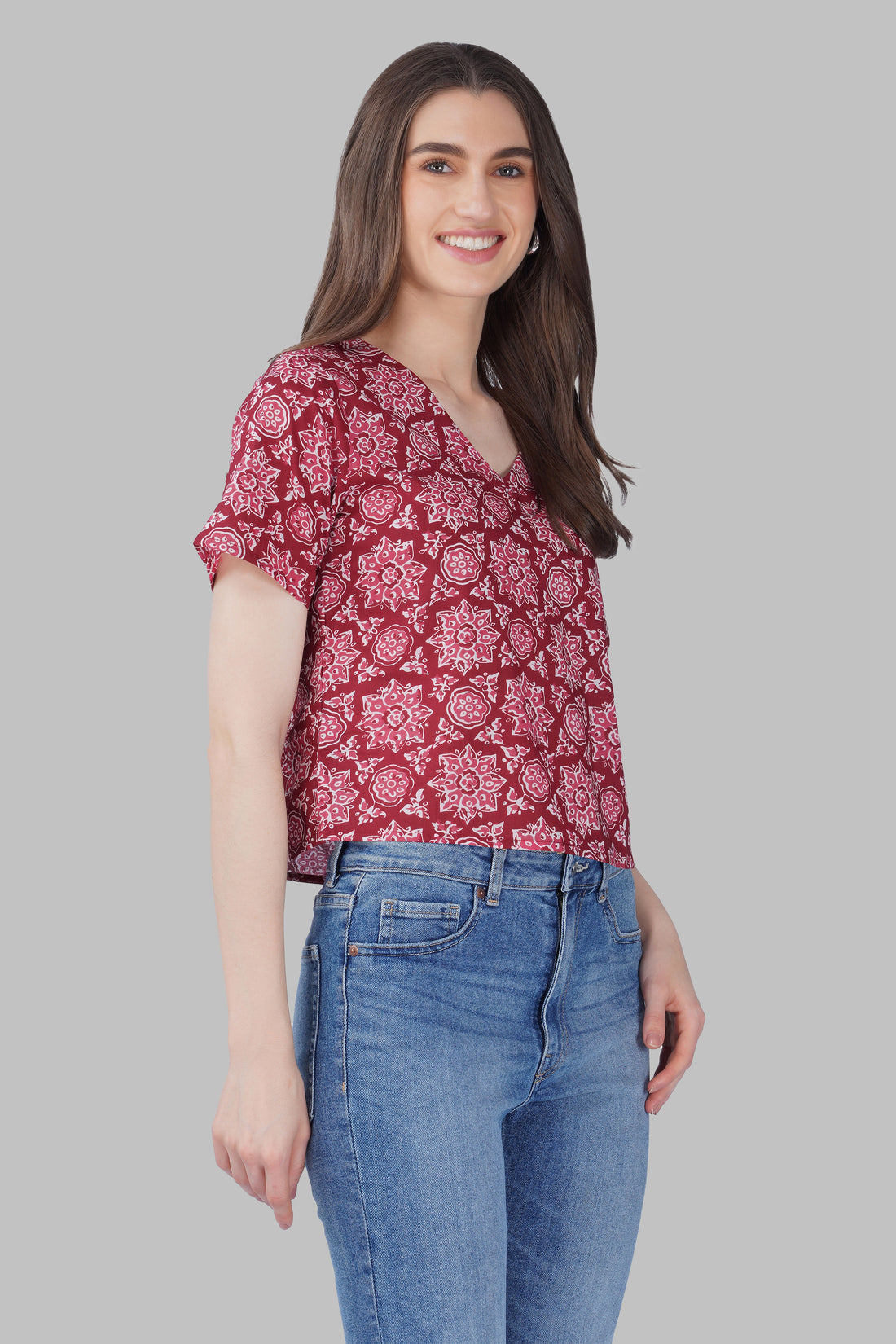 Maroon Mandala V Neck Cotton Printed Top