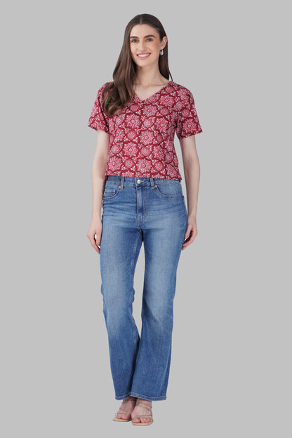 Maroon Mandala V Neck Cotton Printed Top