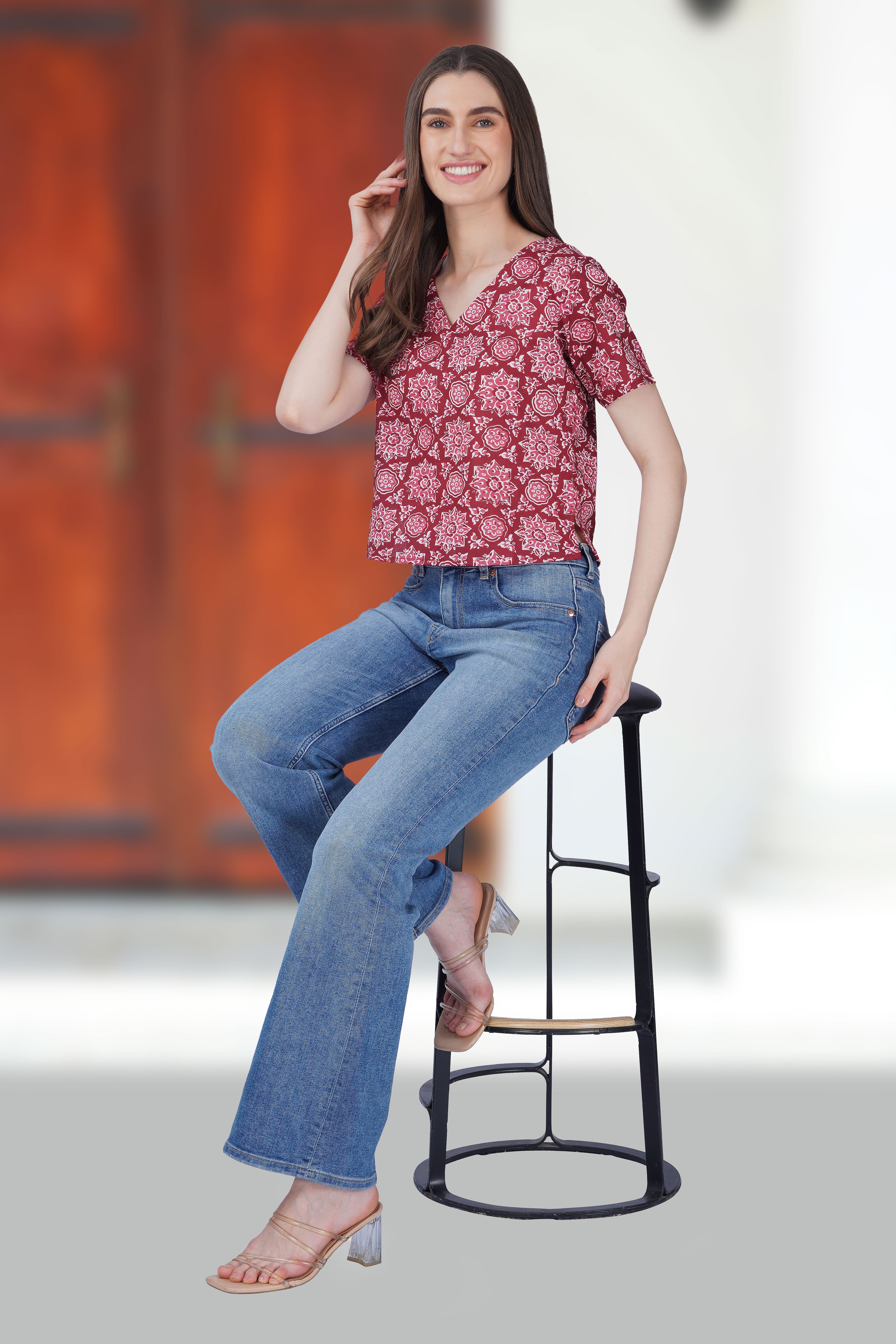 Maroon Mandala V Neck Cotton Printed Top