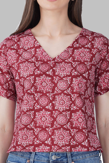 Maroon Mandala V Neck Cotton Printed Top