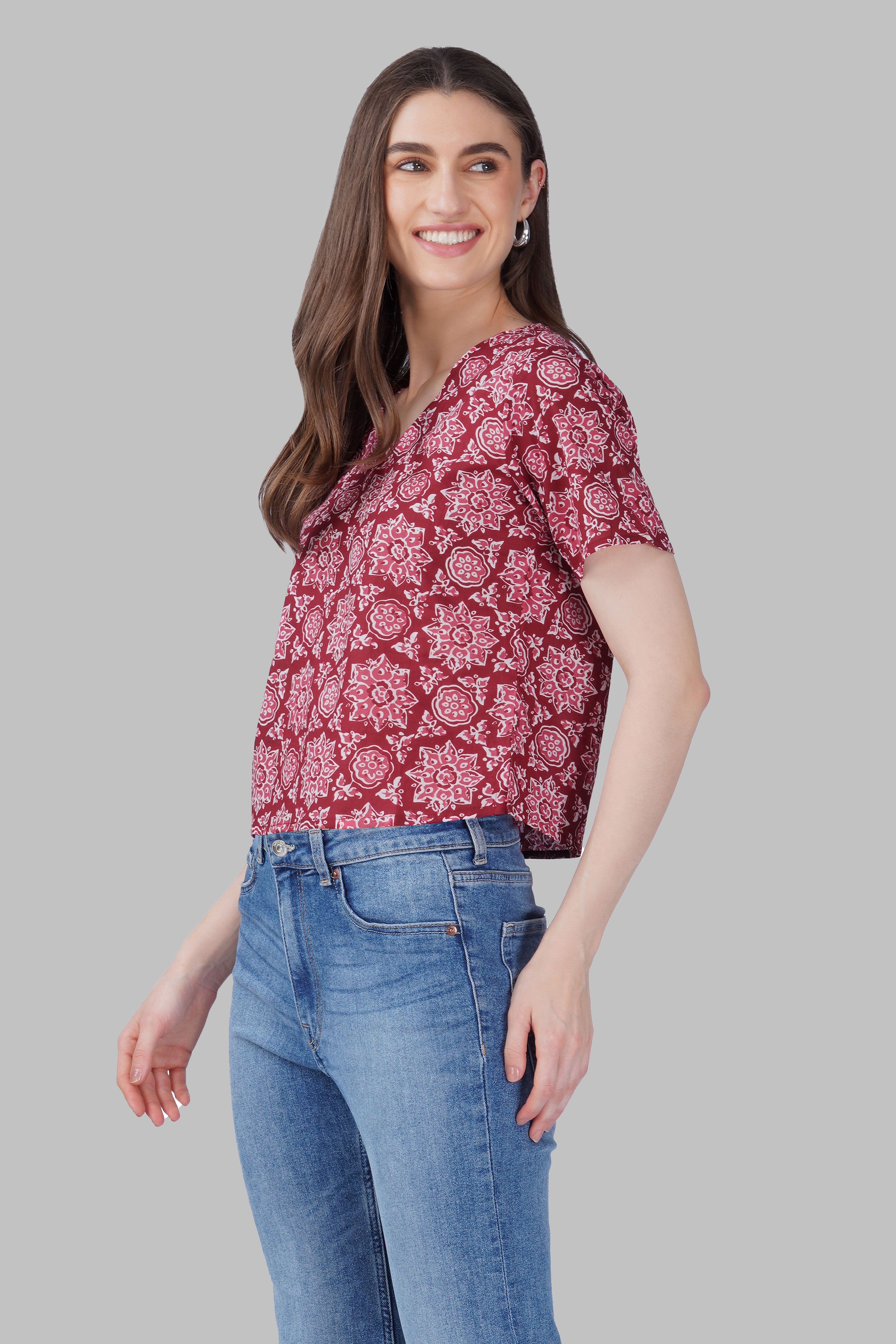 Maroon Mandala V Neck Cotton Printed Top