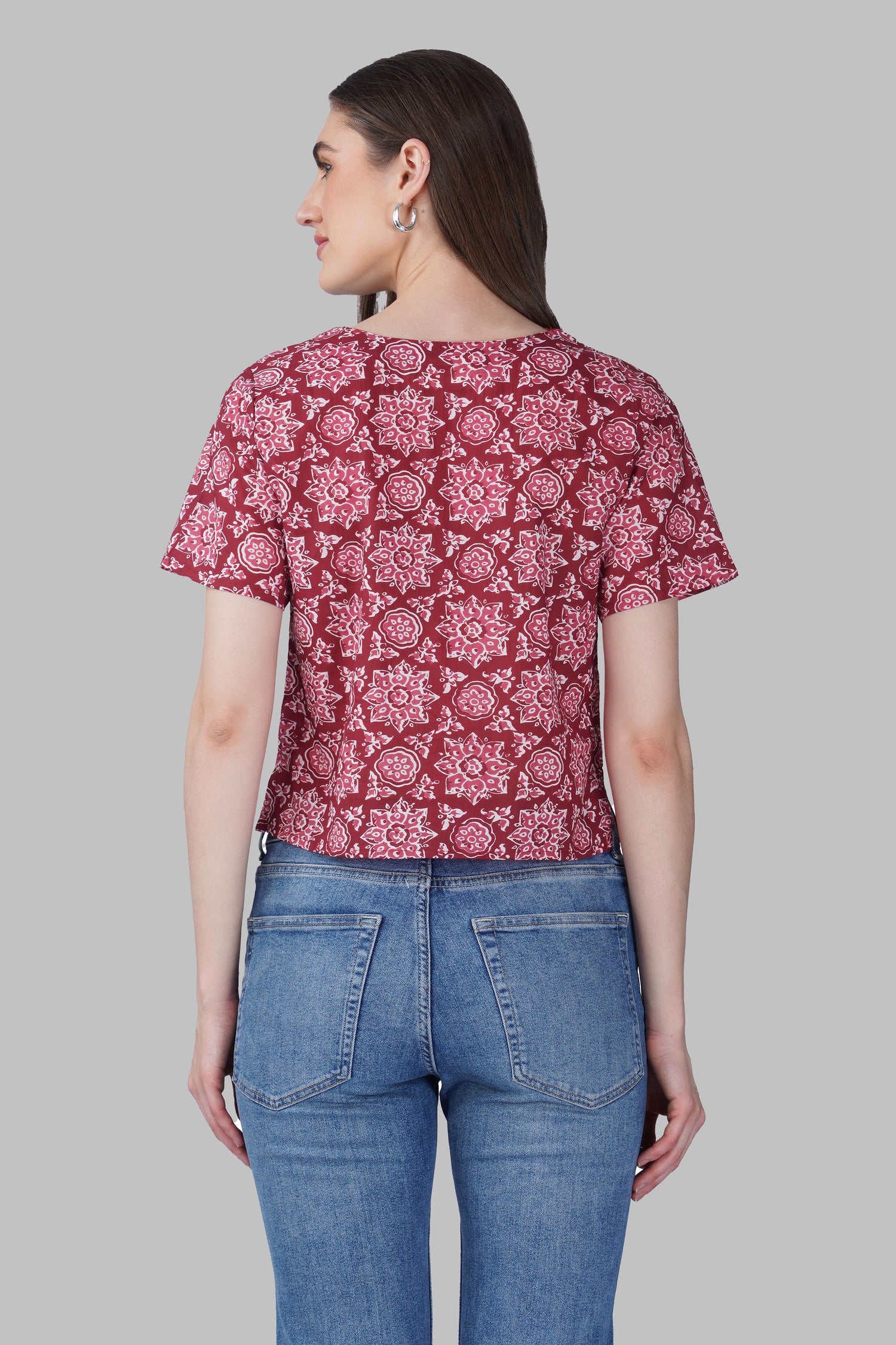 Maroon Mandala V Neck Cotton Printed Top