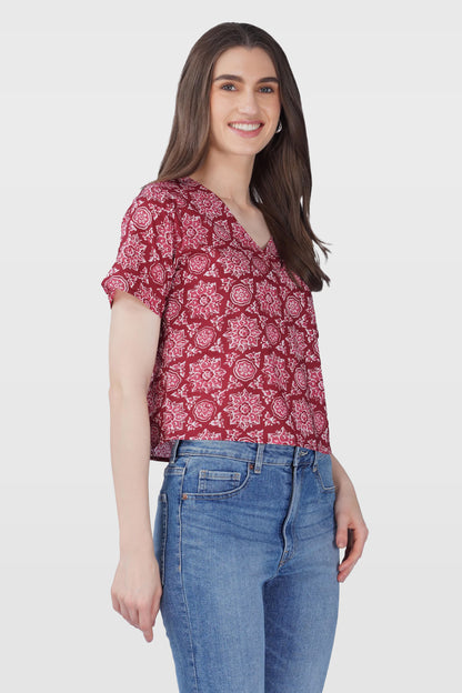 Maroon Mandala V Neck Cotton Printed Top
