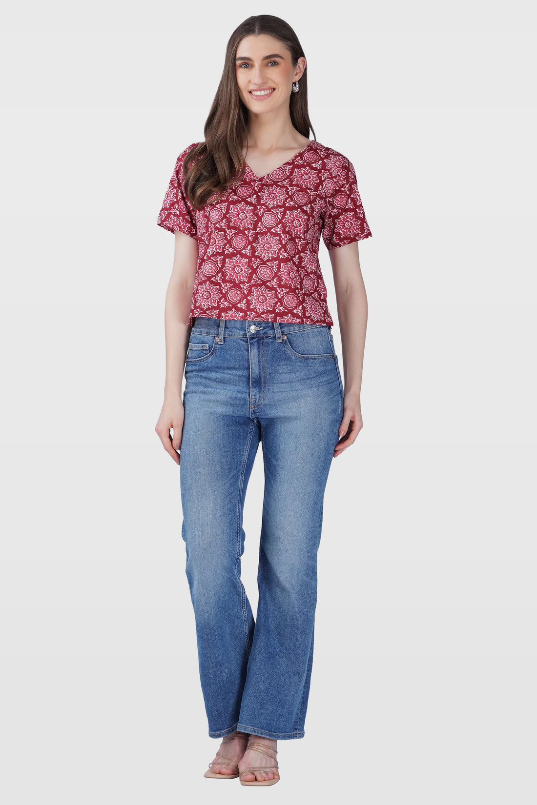 Maroon Mandala V Neck Cotton Printed Top