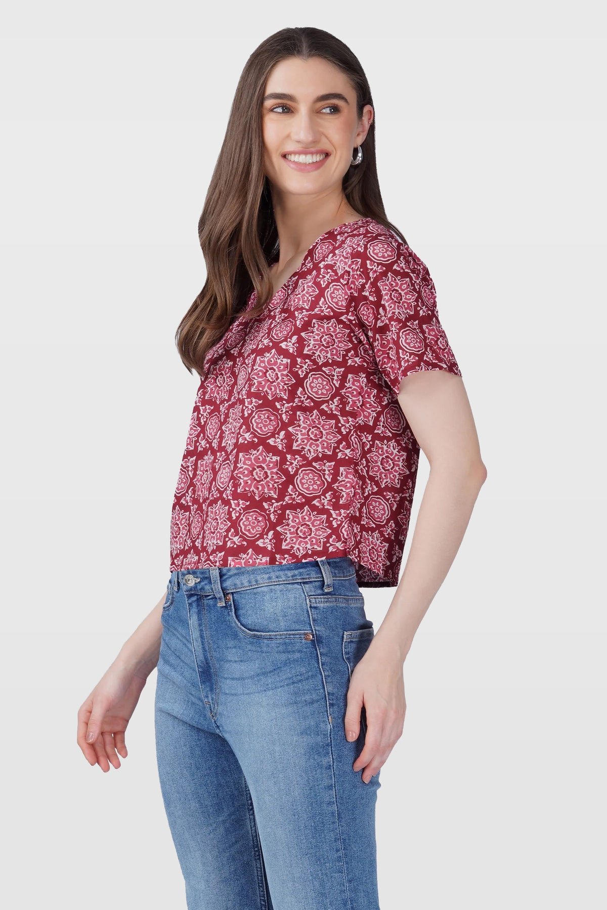 Maroon Mandala V Neck Cotton Printed Top