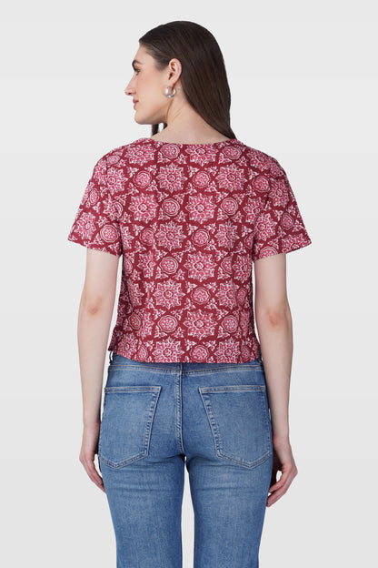 Maroon Mandala V Neck Cotton Printed Top