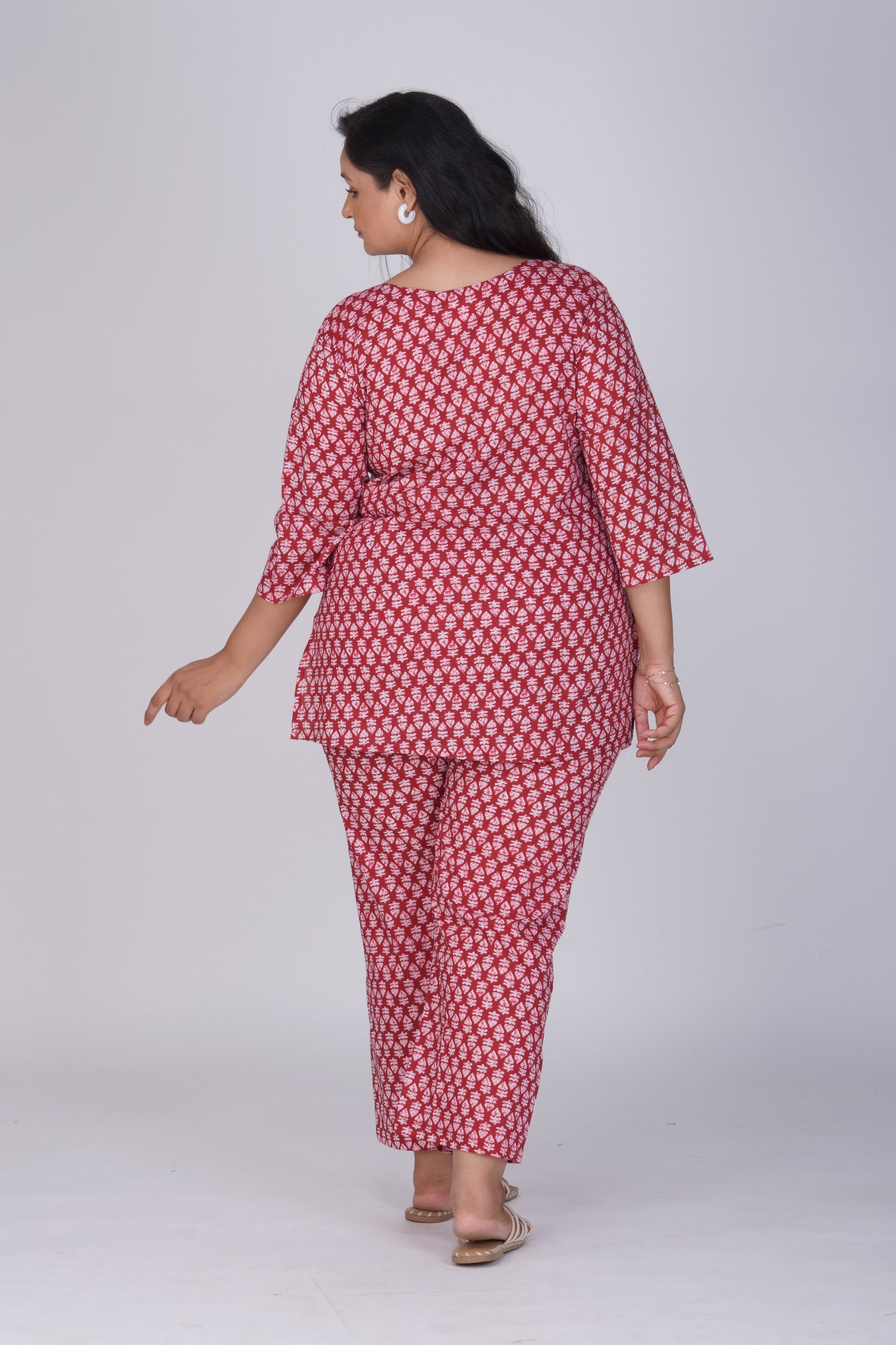 Maroon Plus Size Cotton Printed Pyjama Set