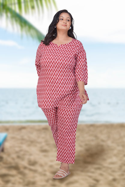 Maroon Plus Size Cotton Printed Pyjama Set