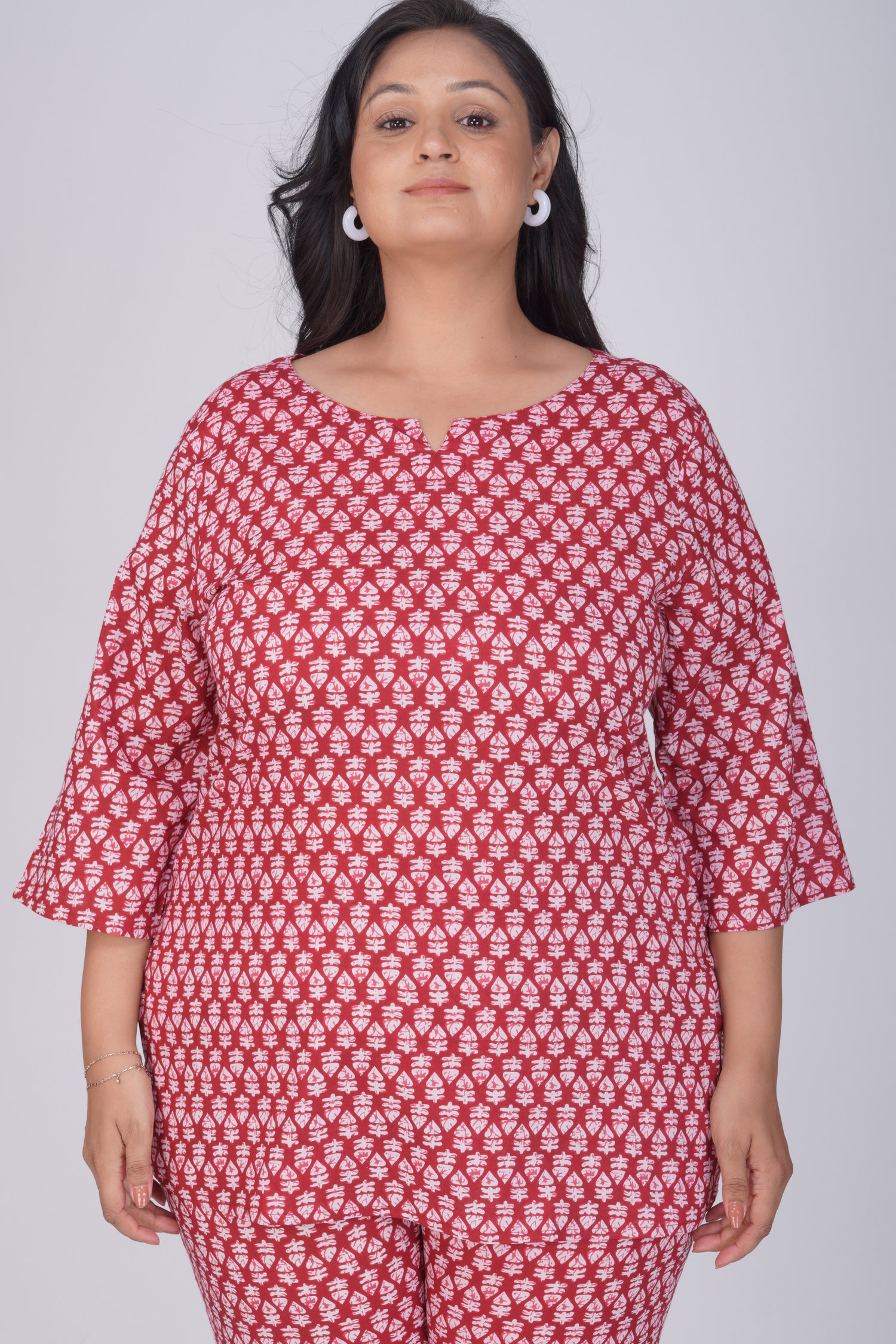 Maroon Plus Size Cotton Printed Pyjama Set