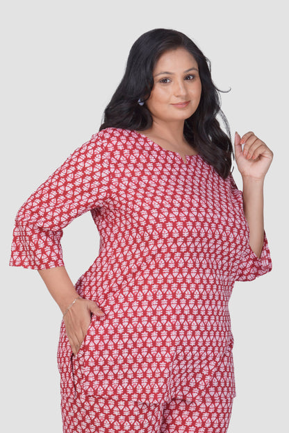 Maroon Plus Size Cotton Printed Pyjama Set