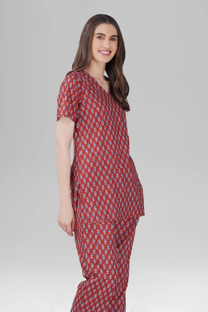 Maroon V Neck Cotton Printed Pyjama Set