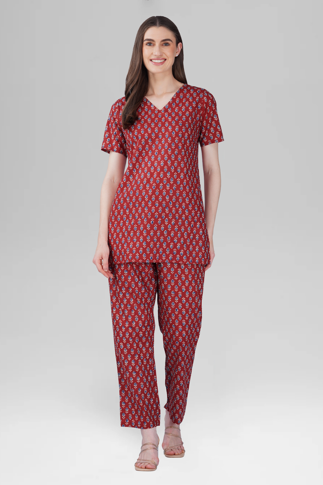 Maroon V Neck Cotton Printed Pyjama Set