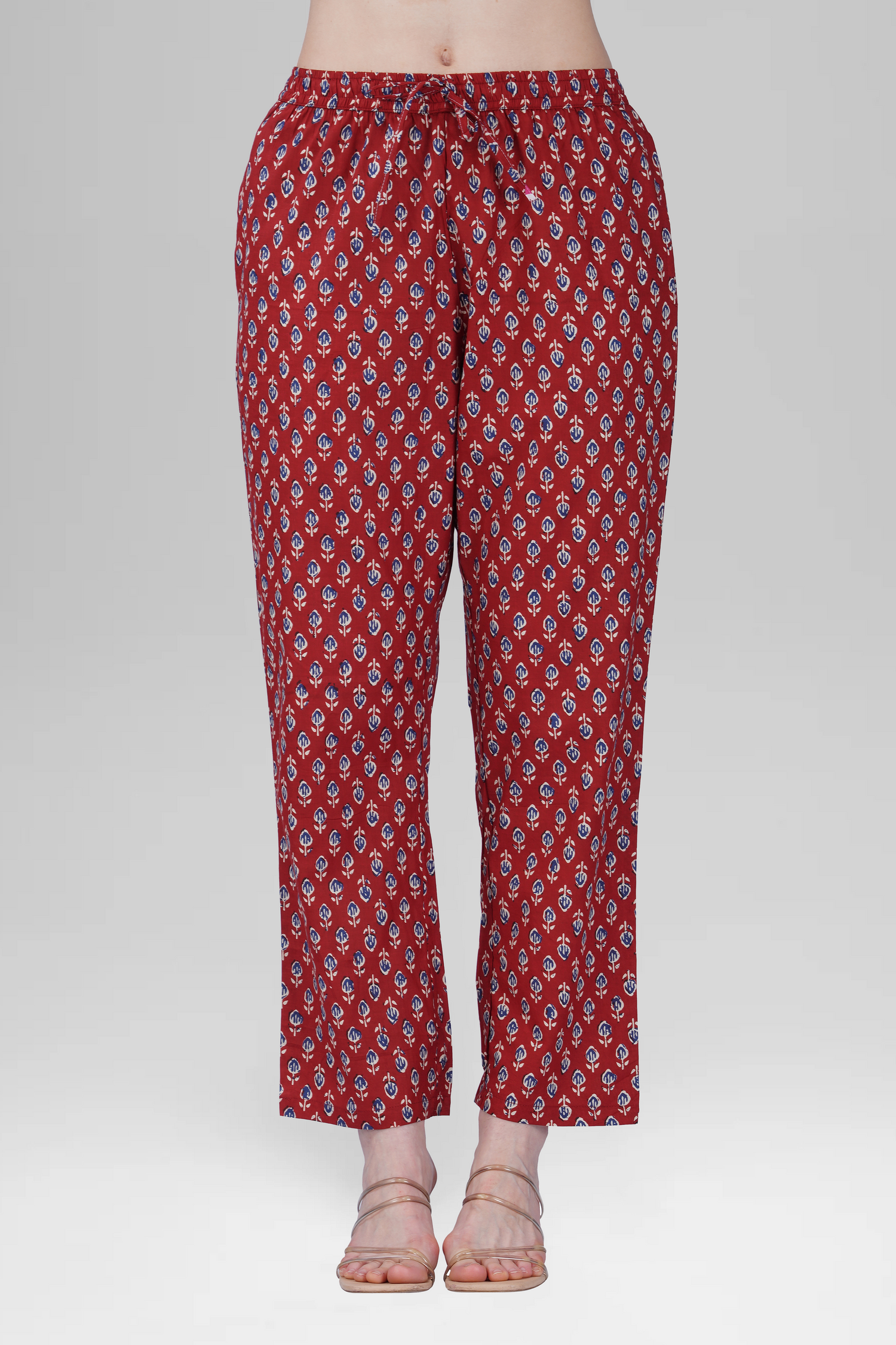 Maroon V Neck Cotton Printed Pyjama Set