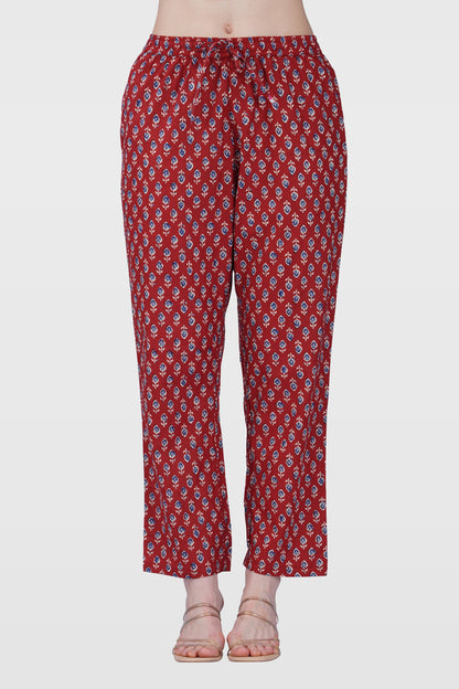 Maroon V Neck Cotton Printed Pyjama Set