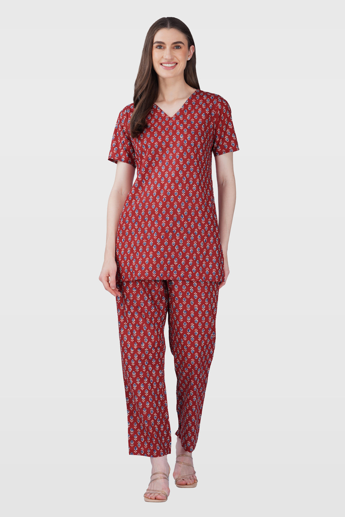 Maroon V Neck Cotton Printed Pyjama Set