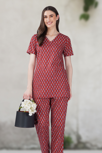 Maroon V Neck Cotton Printed Pyjama Set