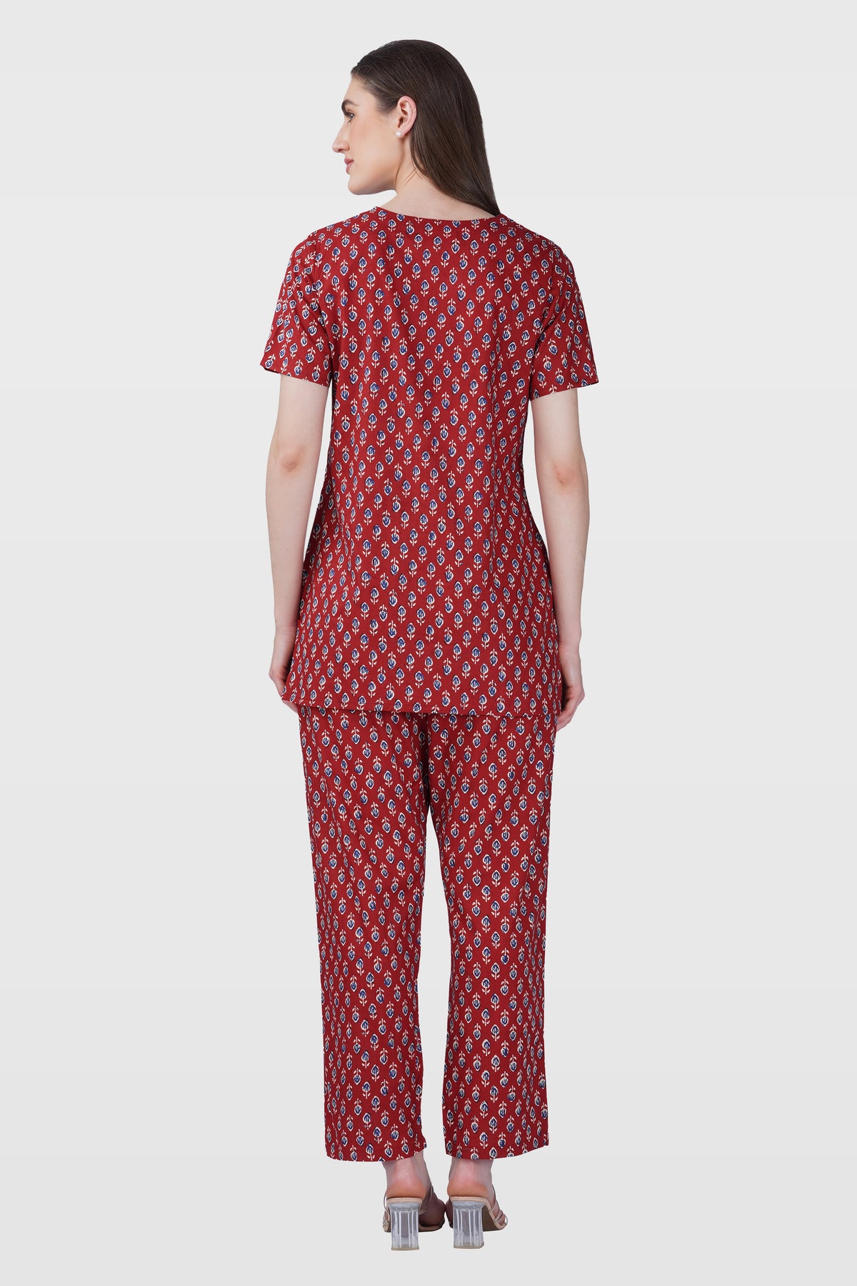 Maroon V Neck Cotton Printed Pyjama Set