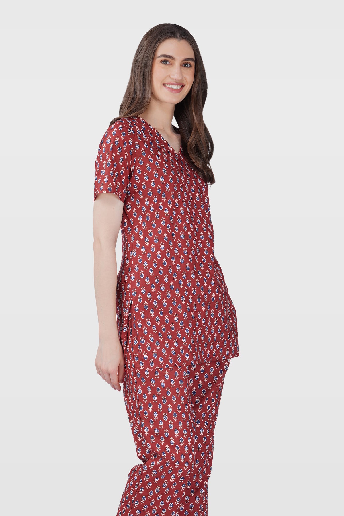 Maroon V Neck Cotton Printed Pyjama Set