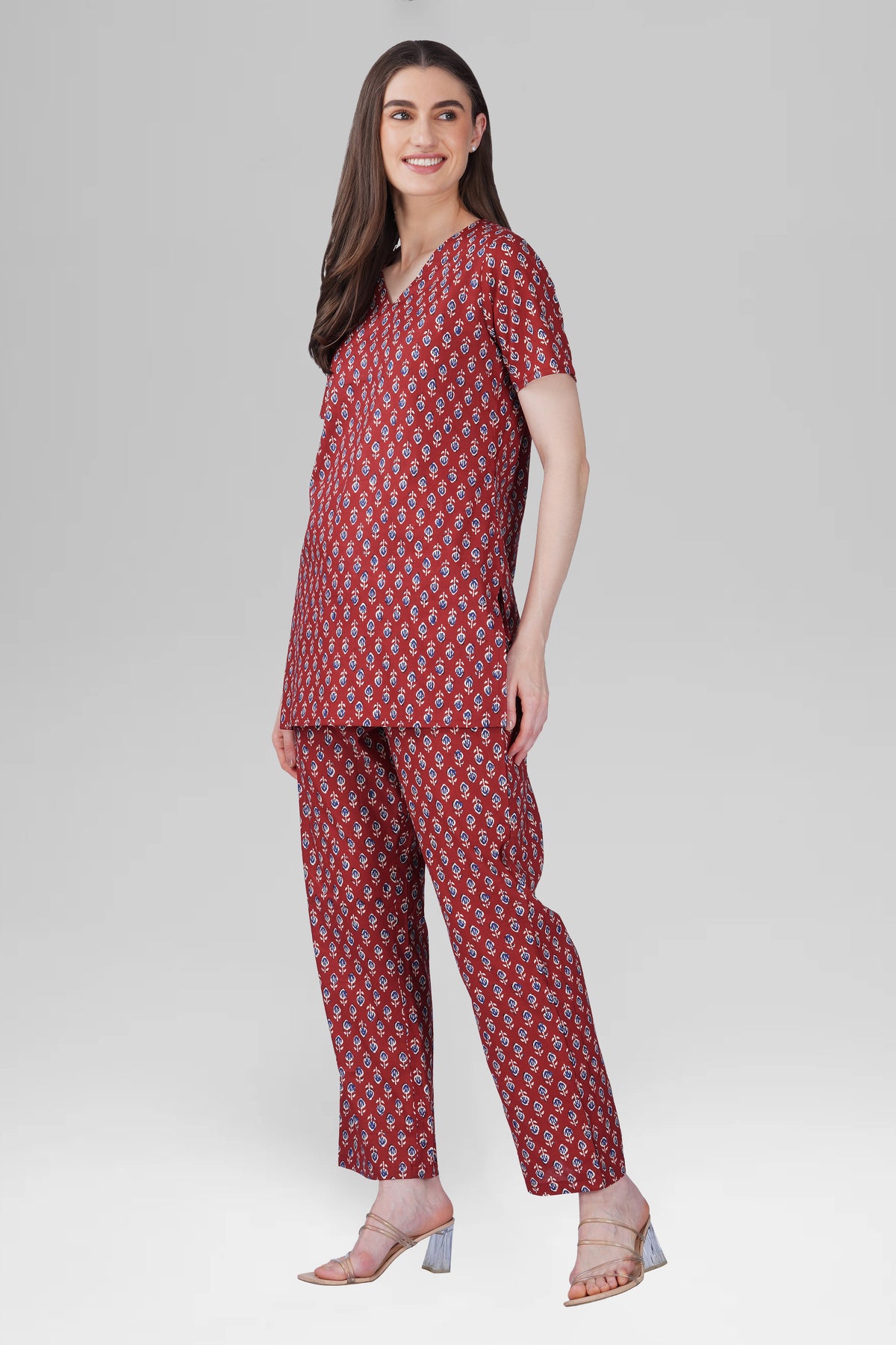 Maroon V Neck Cotton Printed Pyjama Set