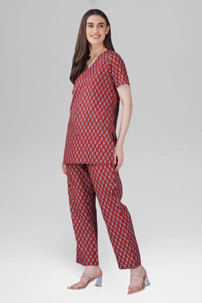 Maroon V Neck Cotton Printed Pyjama Set