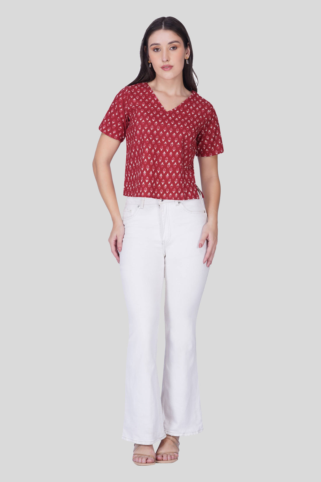Maroon V Neck Cotton Printed Top