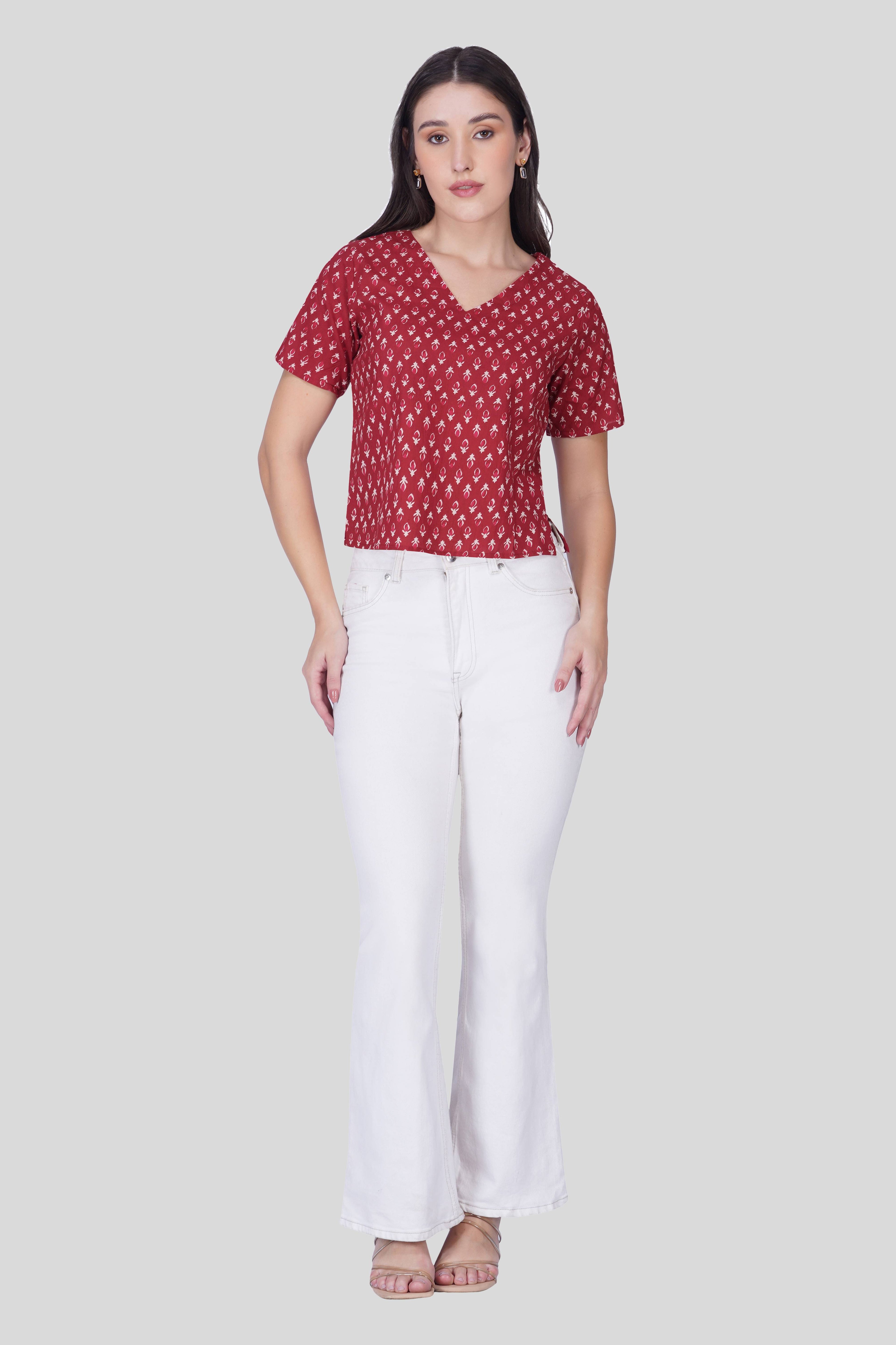 Maroon V Neck Cotton Printed Top