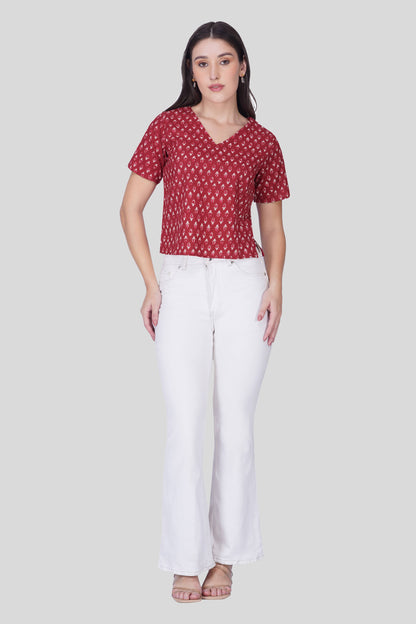 Maroon V Neck Cotton Printed Top