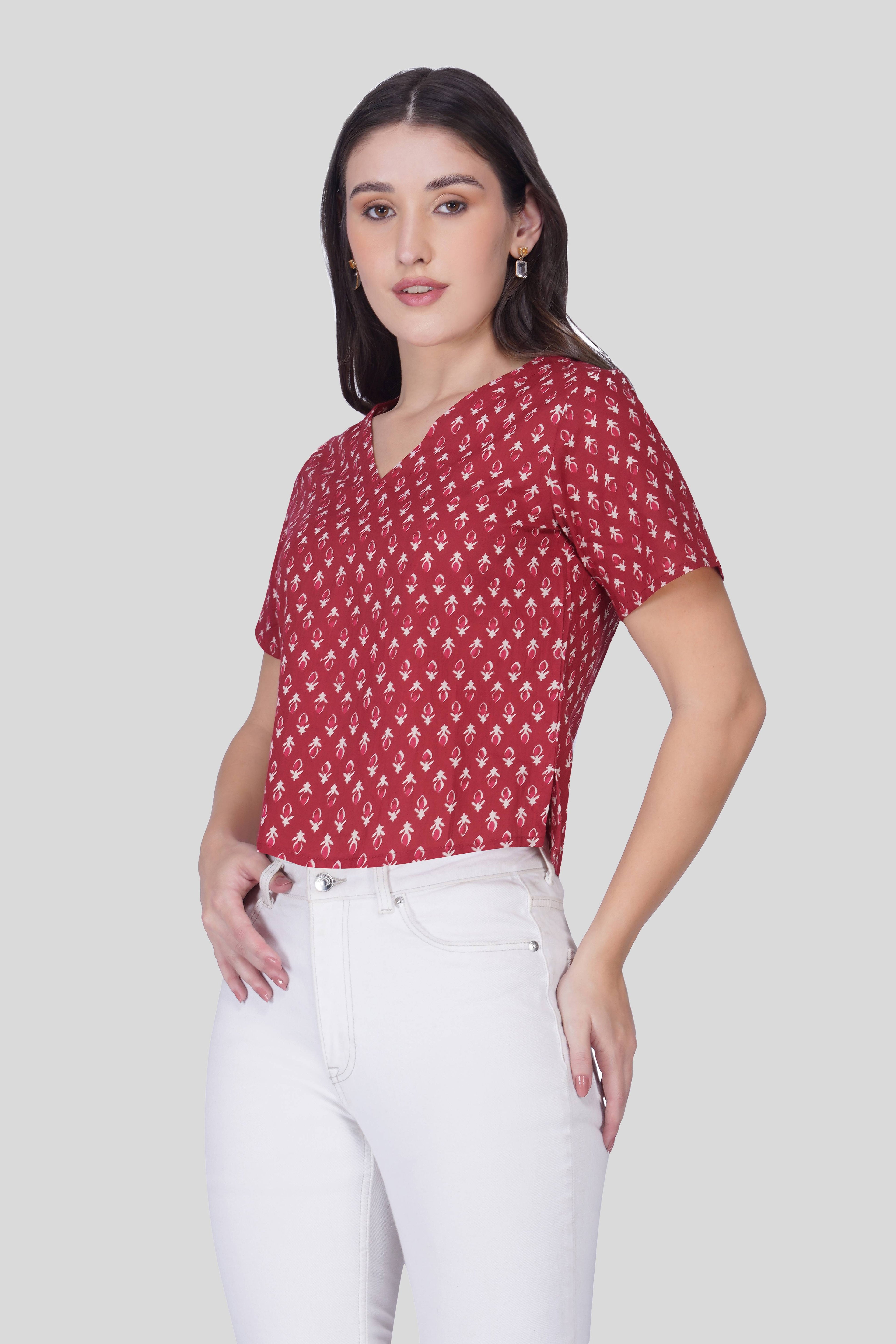 Maroon V Neck Cotton Printed Top