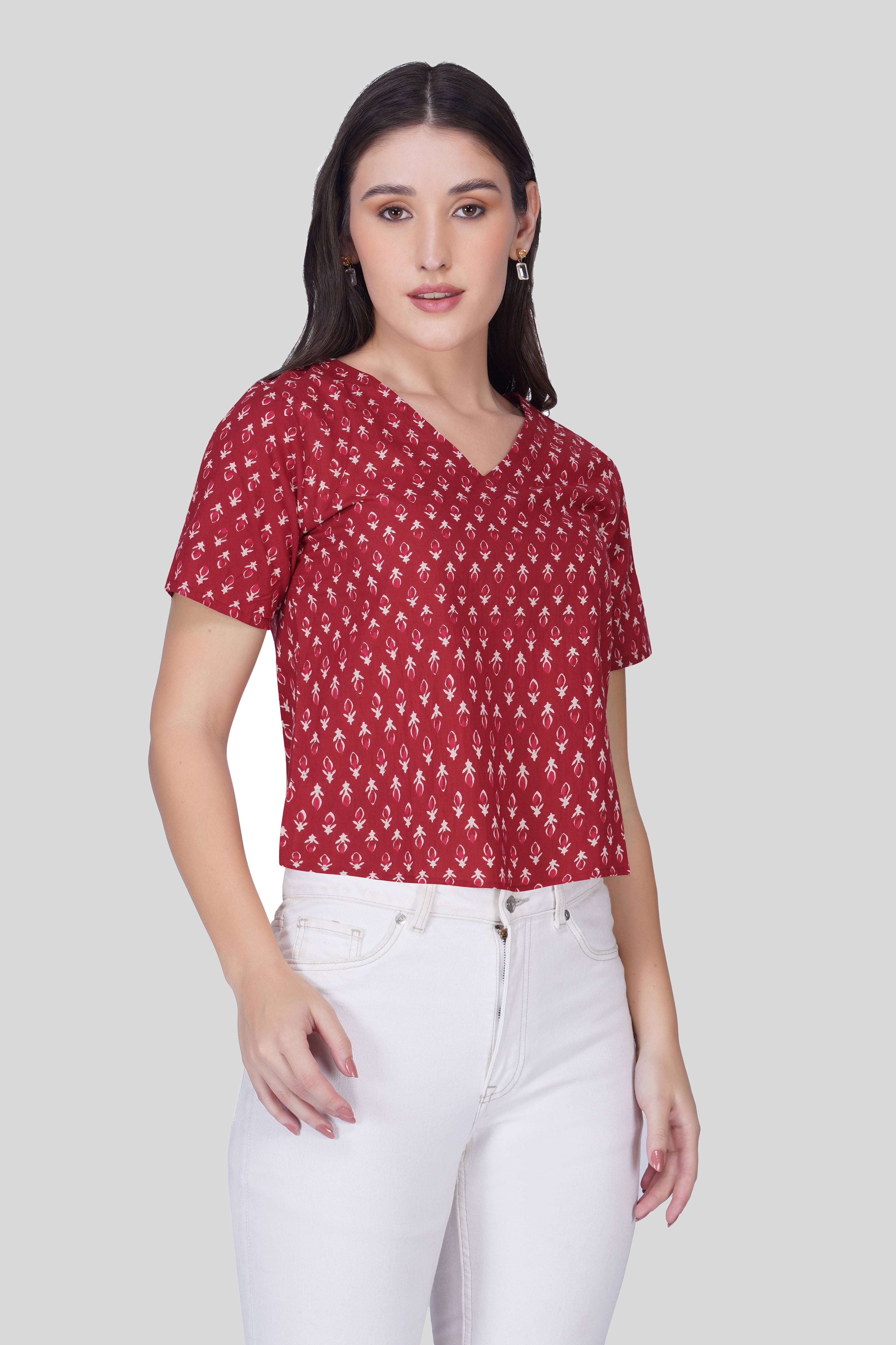 Maroon V Neck Cotton Printed Top