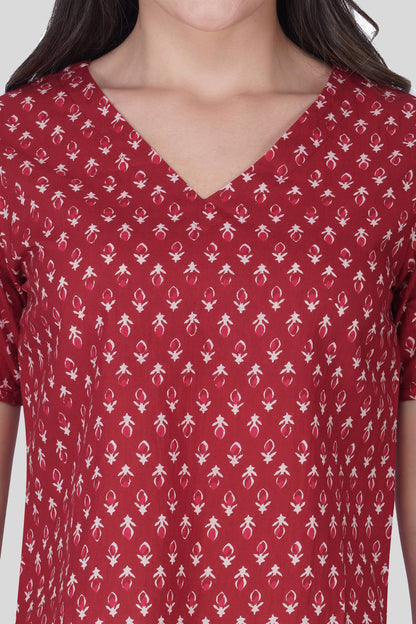 Maroon V Neck Cotton Printed Top
