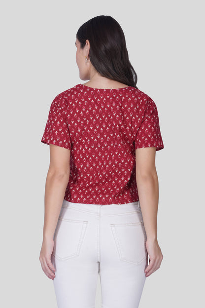 Maroon V Neck Cotton Printed Top