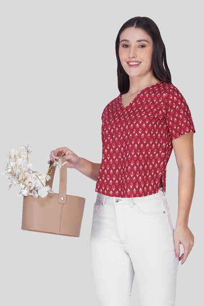 Maroon V Neck Cotton Printed Top