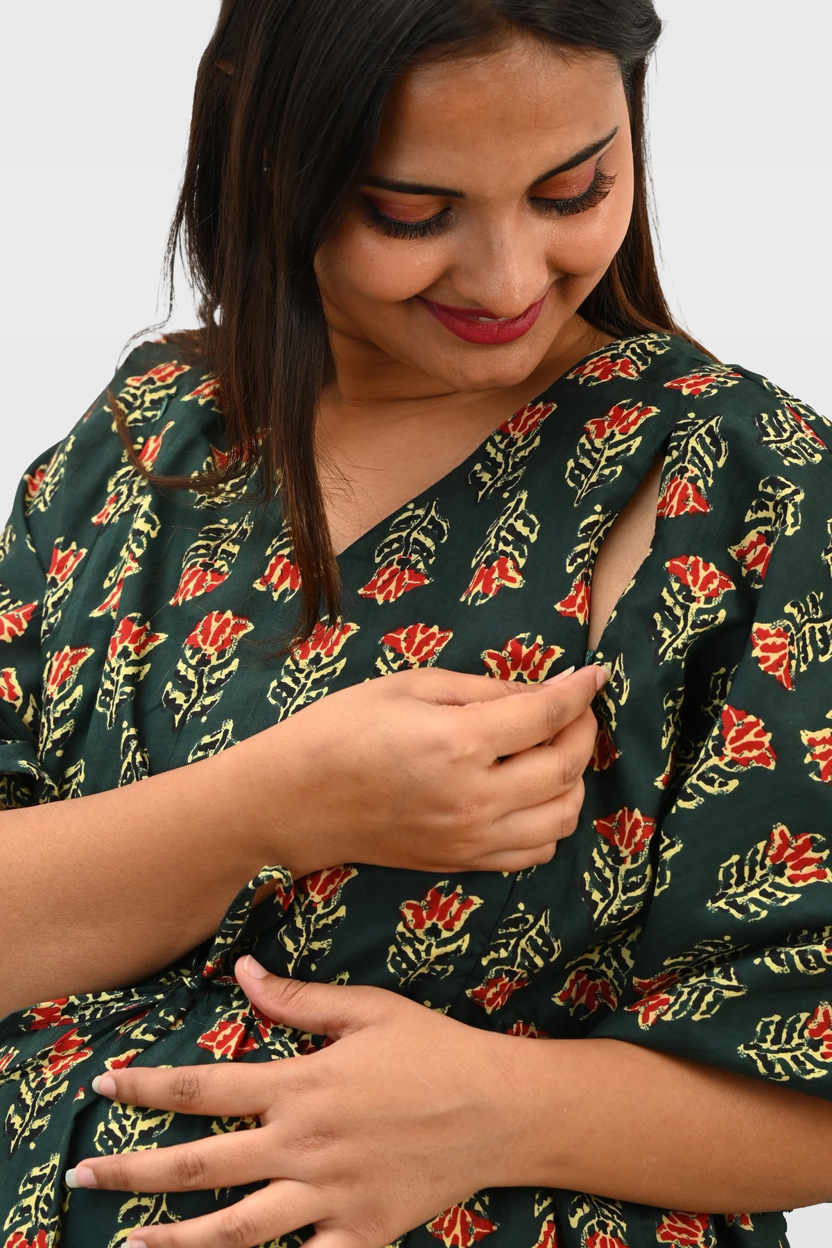 Maternity and Feeding Kaftan Set in Deep Green