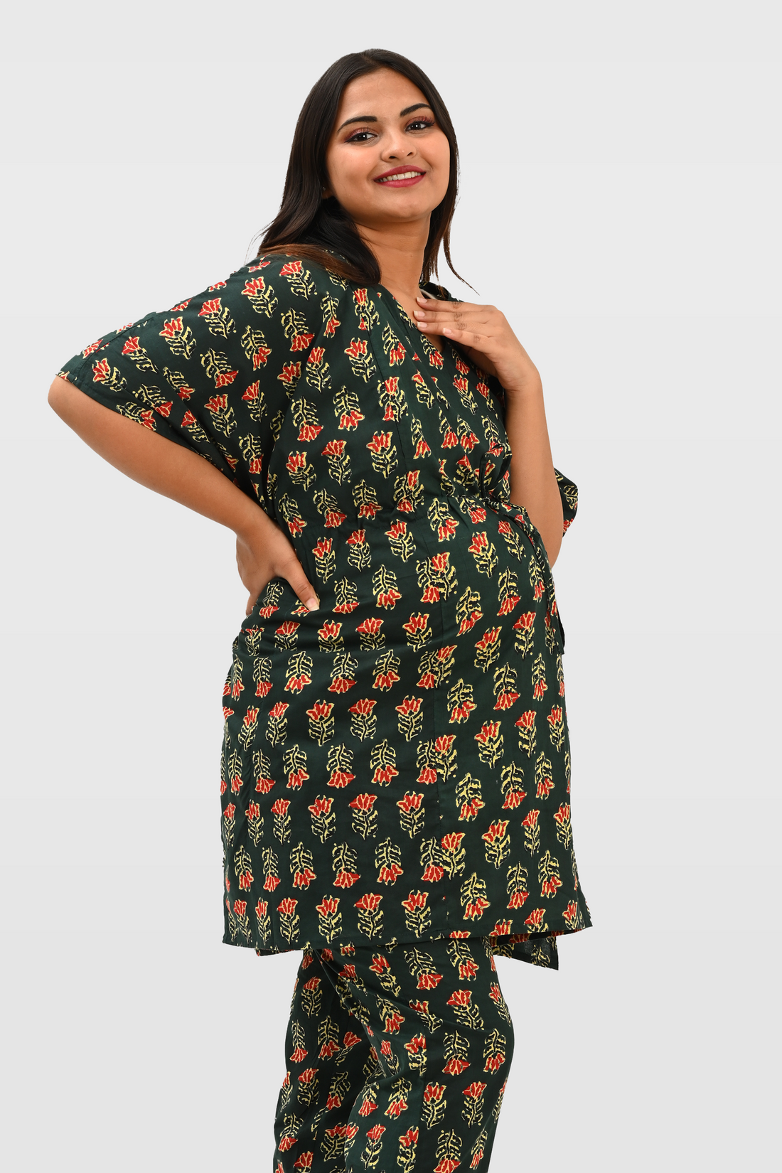 Maternity and Feeding Kaftan Set in Deep Green