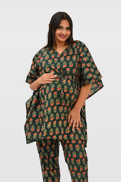Maternity and Feeding Kaftan Set in Deep Green