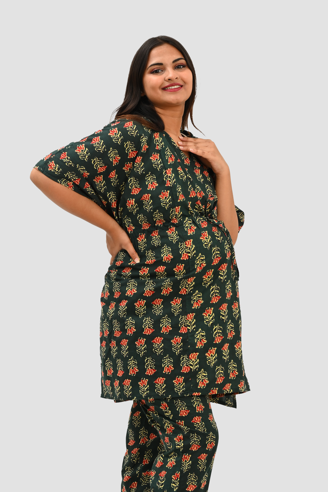Maternity and Feeding Kaftan Set in Deep Green